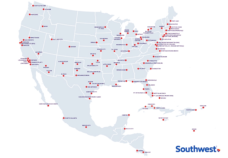 mapa de rotas Southwest